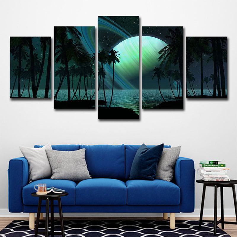Tropics Night Seascape Canvas Green Ringed Planet Wall Art Print for Family Room