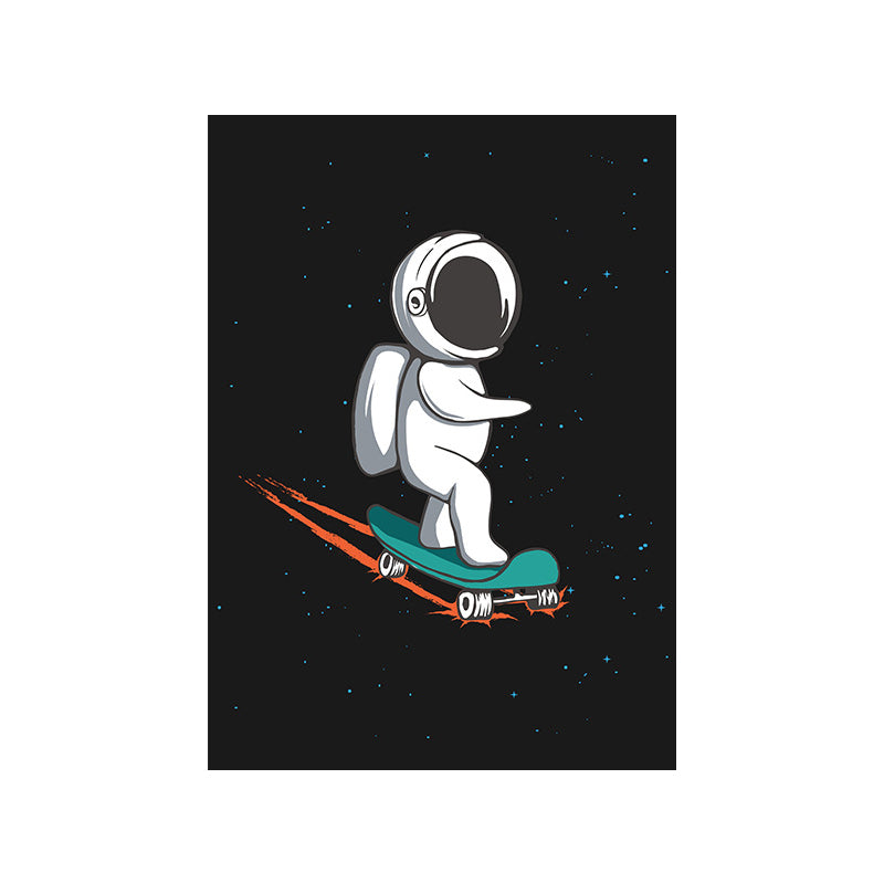 Universe Astronaut Wall Decor Cartoon Canvas Art Print in Dark Color for Kids Room