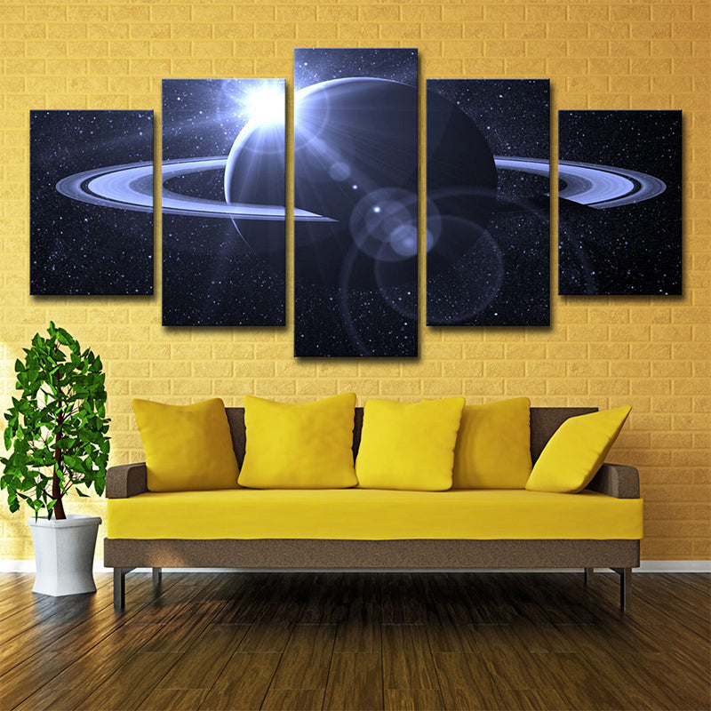 Dark Blue Fictional Wall Art Decor Digital Print Ringed Planet Canvas for Living Room