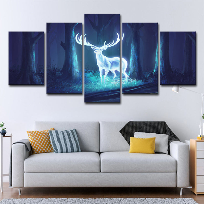 Mysterious Forest Deer Canvas Wall Art for Children Bedroom, Blue-White, Multi-Piece