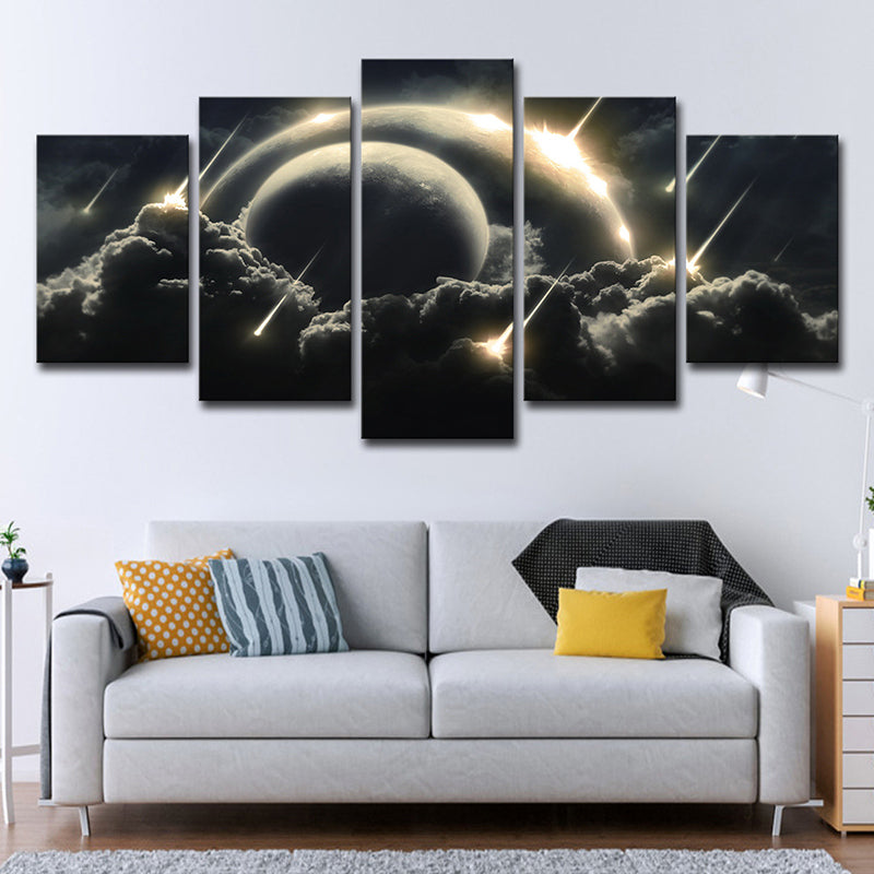 Gold Meteor Shower Canvas Dark Cloudy Planets Sci-Fi Multi-Piece Wall Art for Kids Room