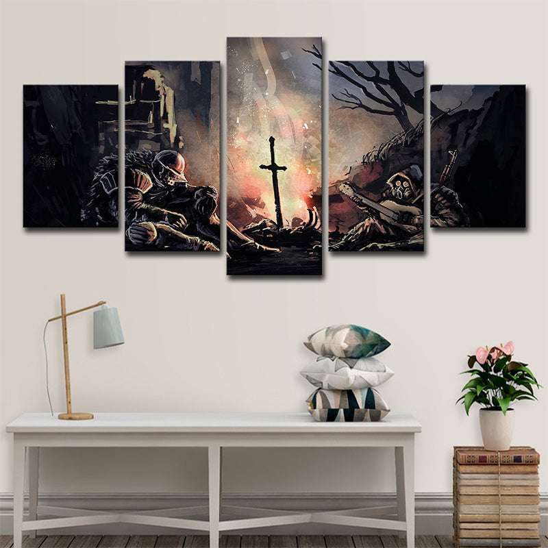Fictional Dark Soul Soldier Canvas Living Room Wall Art Print in Brown, Multi-Piece