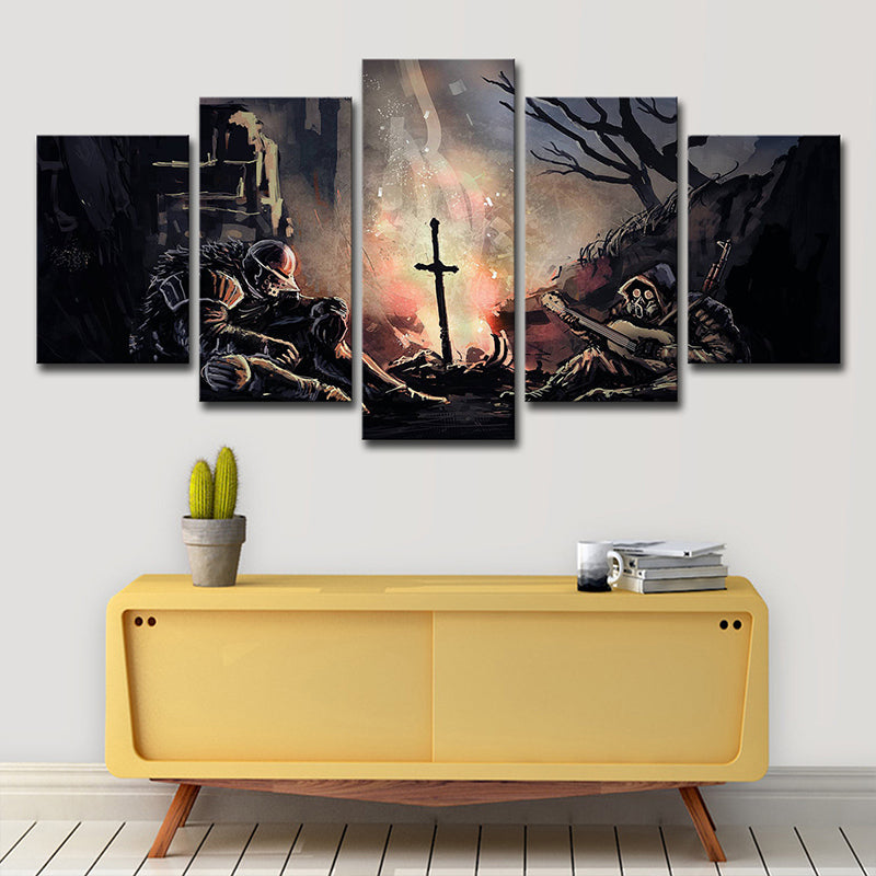 Fictional Dark Soul Soldier Canvas Living Room Wall Art Print in Brown, Multi-Piece