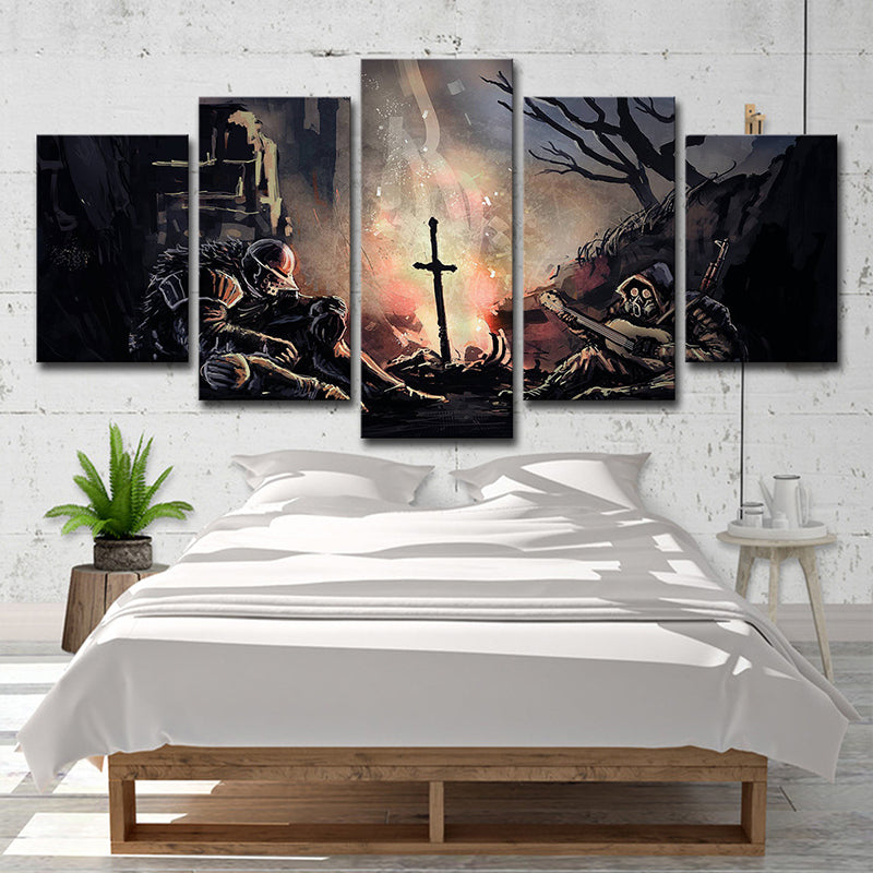 Fictional Dark Soul Soldier Canvas Living Room Wall Art Print in Brown, Multi-Piece