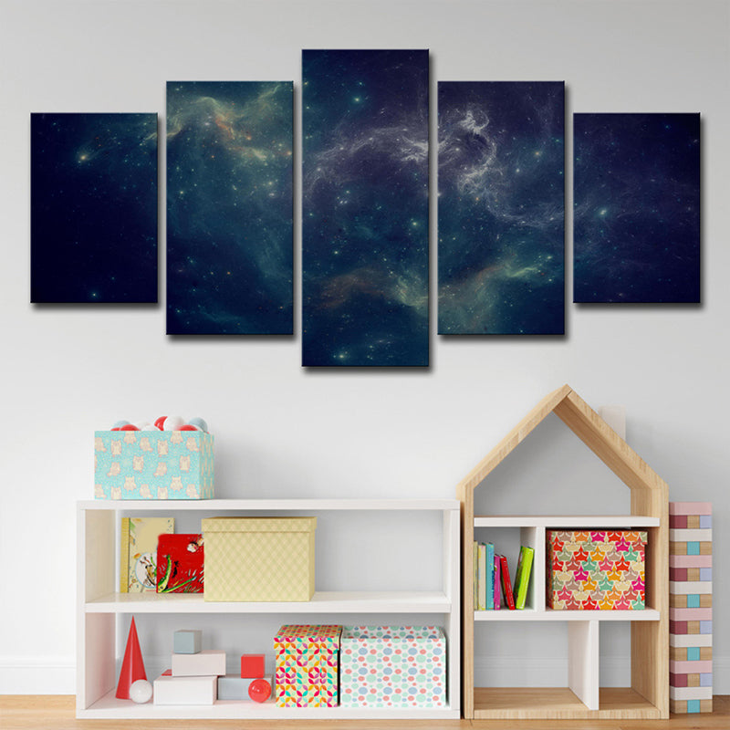 Starry Night Sky Canvas Art in Dark Blue Kids Style Wall Decor for Bedroom, Multi-Piece