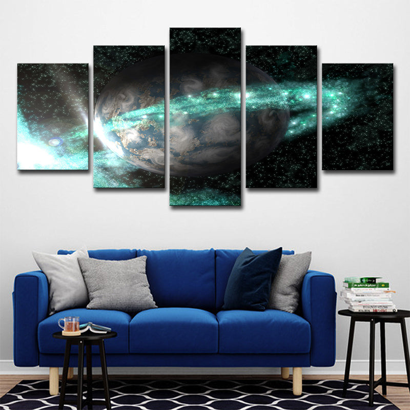 Galaxy Ringed Earth Wall Art Kids Style Canvas Wall Decor in Green and Black