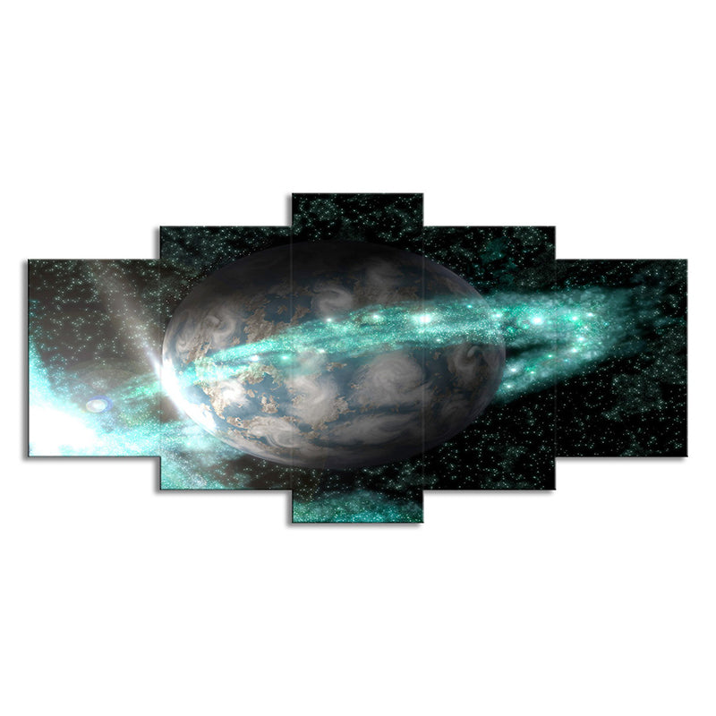 Galaxy Ringed Earth Wall Art Kids Style Canvas Wall Decor in Green and Black