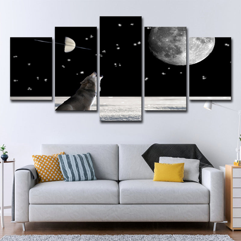 Wolf and Super Moon Art Print Living Room Cosmos Wall Decor in Black, Multi-Piece