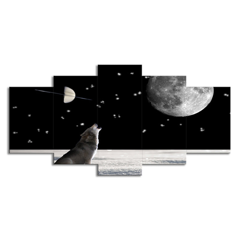 Wolf and Super Moon Art Print Living Room Cosmos Wall Decor in Black, Multi-Piece