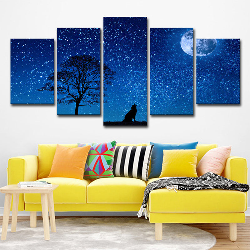Blue Kids Wall Art Starry Moon Night Wolf Shadow Canvas Print for Living Room