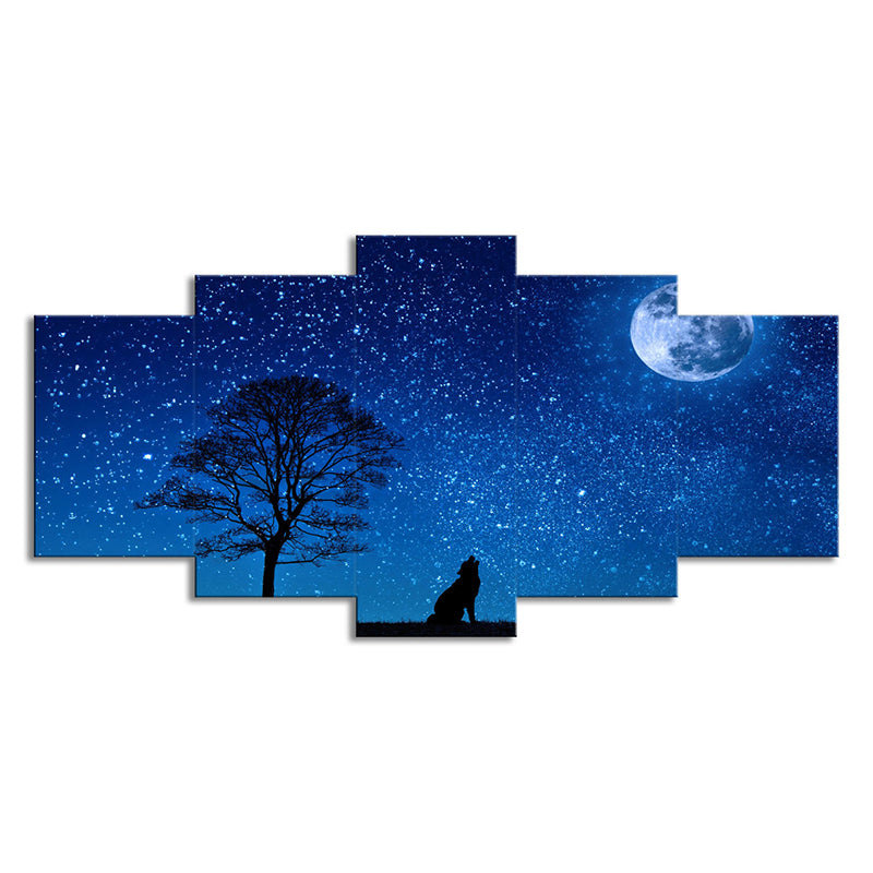 Blue Kids Wall Art Starry Moon Night Wolf Shadow Canvas Print for Living Room