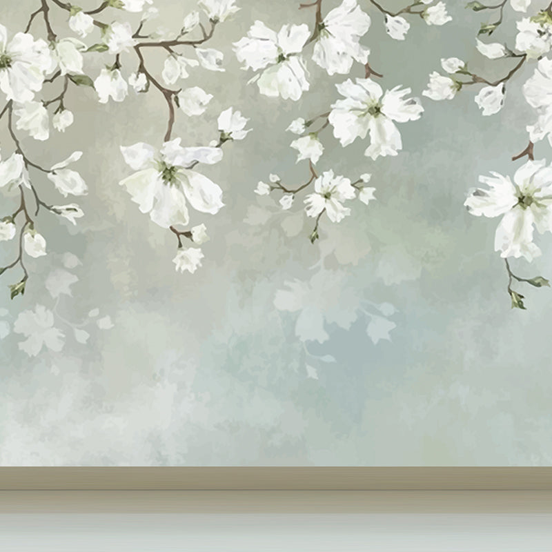 White Blossoming Flower Wallpaper Mural Moisture Resistant Wall Art on Blue for Home