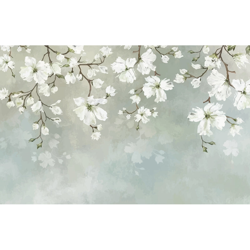 White Blossoming Flower Wallpaper Mural Moisture Resistant Wall Art on Blue for Home