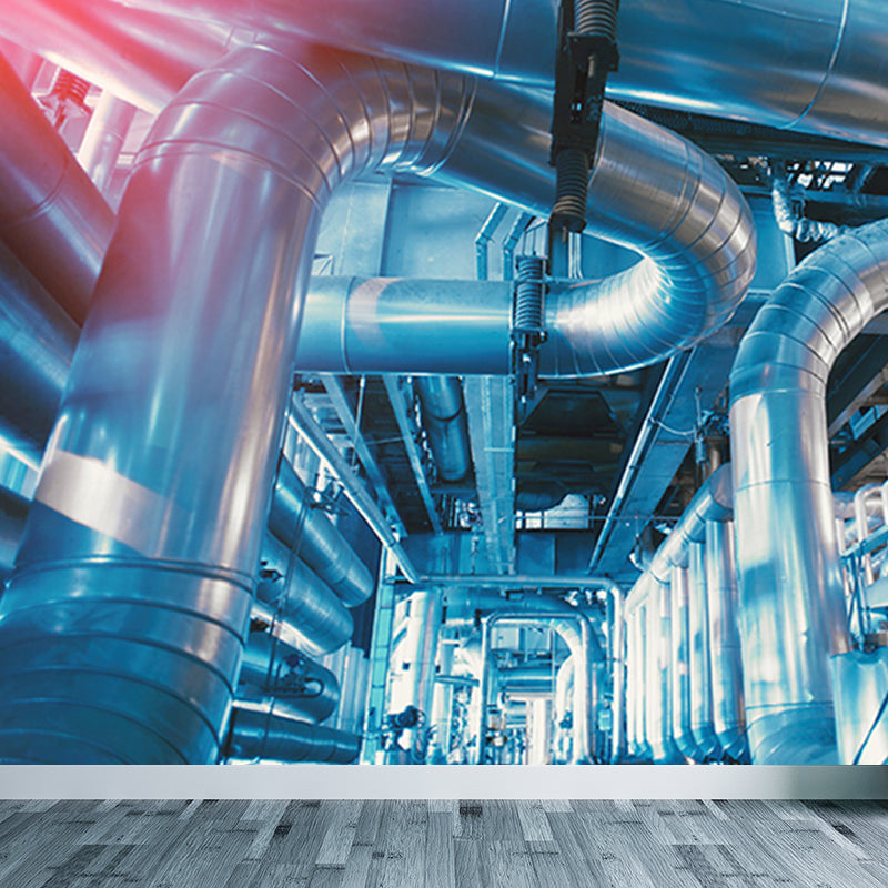 Blue Machinery View Mural Wallpaper Metal Industrial Stain Resistant Wall Covering