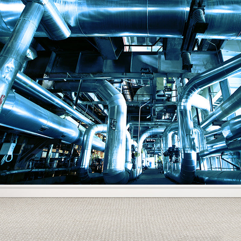 Blue Machinery View Mural Wallpaper Metal Industrial Stain Resistant Wall Covering