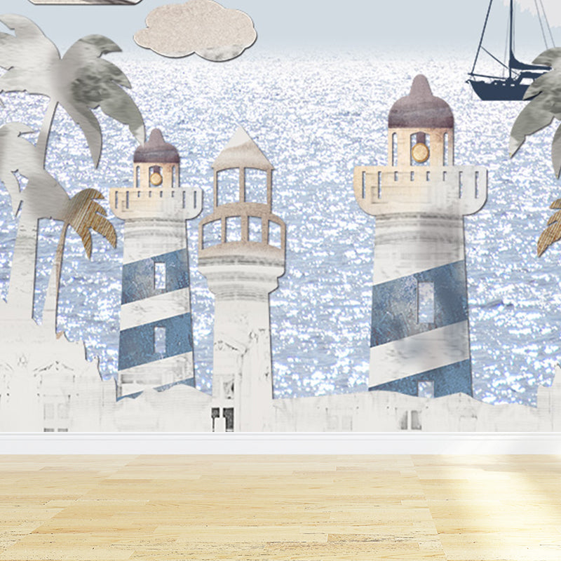 Whole Houses Drawing Mural Childrens Art Cute Architecture Wall Covering in Pastel Color