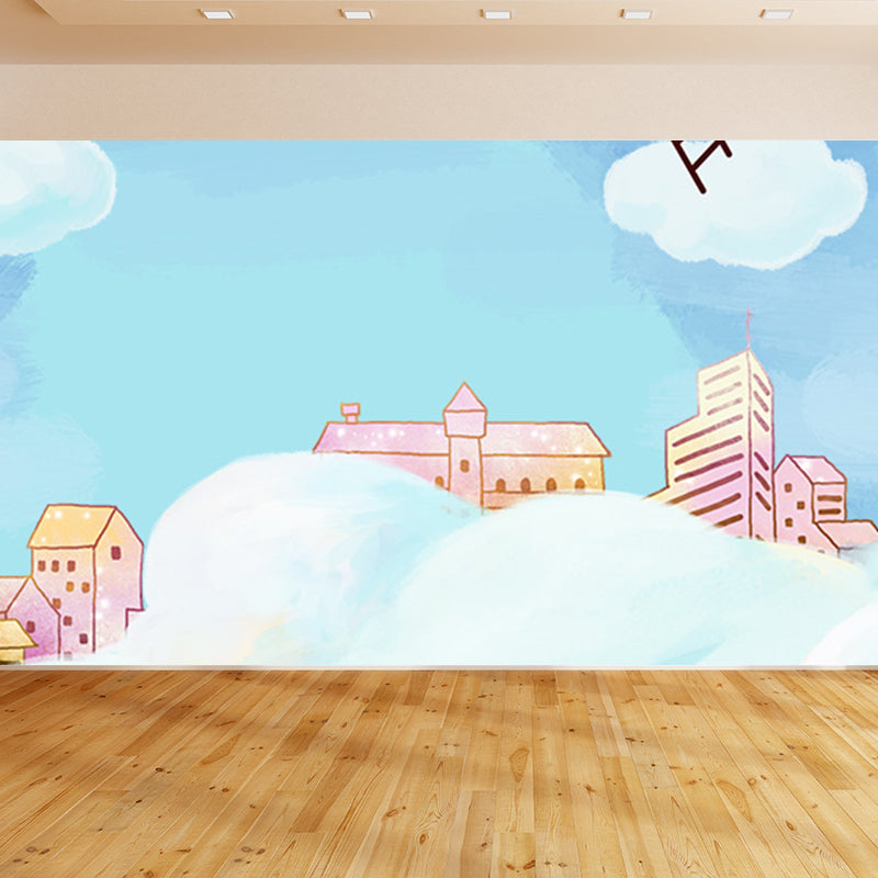 Whole Houses Drawing Mural Childrens Art Cute Architecture Wall Covering in Pastel Color