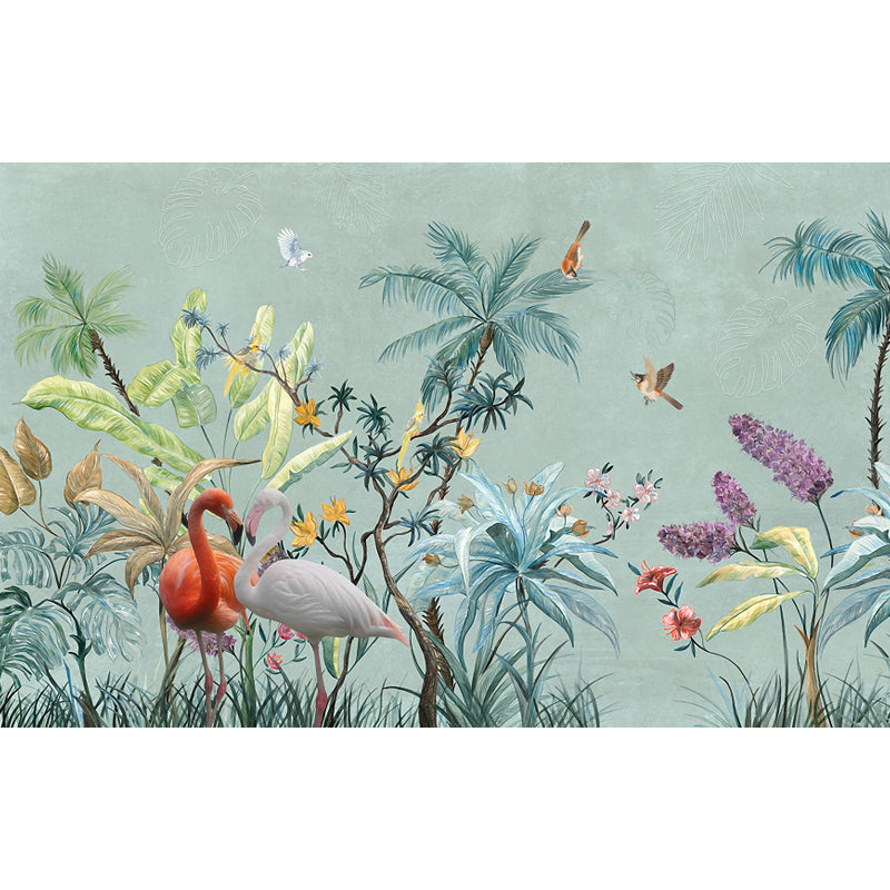 Big Flamingo Mural Decal Tropix Misty Lake Scenery Wall Art in Blue for House Interior