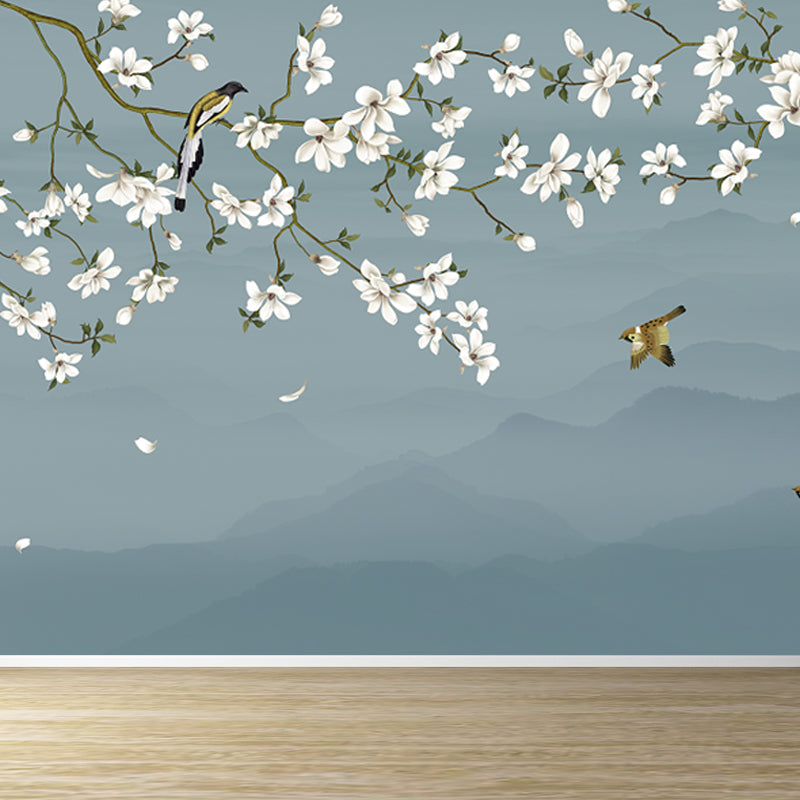 Bird and Flower Branch Mural for Home Misty Mountain Landscape Wall Art in Blue for Decor