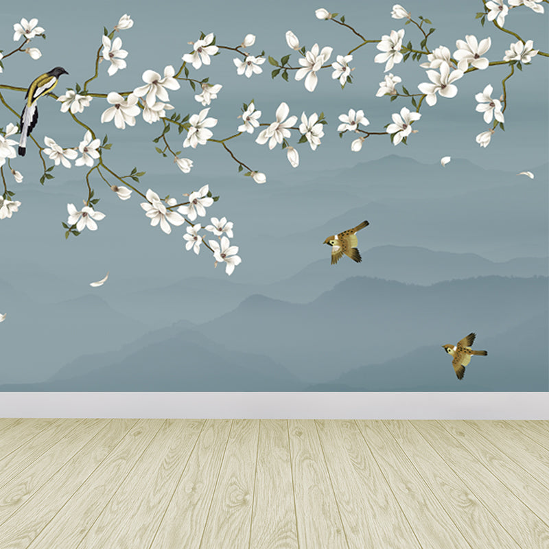 Bird and Flower Branch Mural for Home Misty Mountain Landscape Wall Art in Blue for Decor