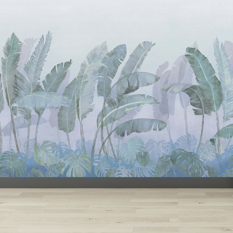 Full Size Banana Leaves Mural Wallpaper Tropical Foggy Landscape Wall Art in Green