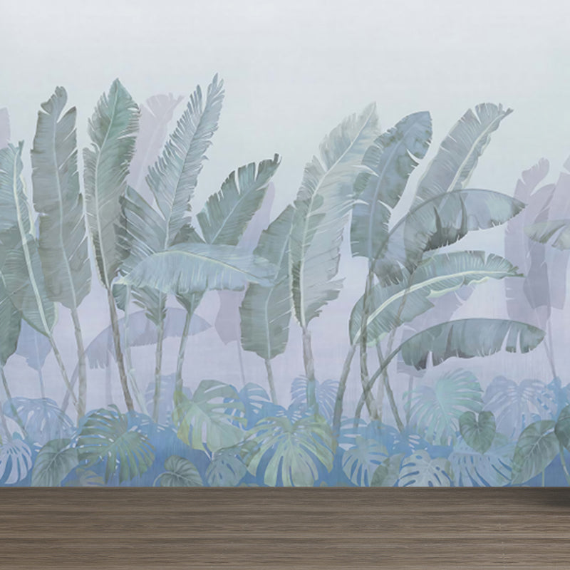 Full Size Banana Leaves Mural Wallpaper Tropical Foggy Landscape Wall Art in Green
