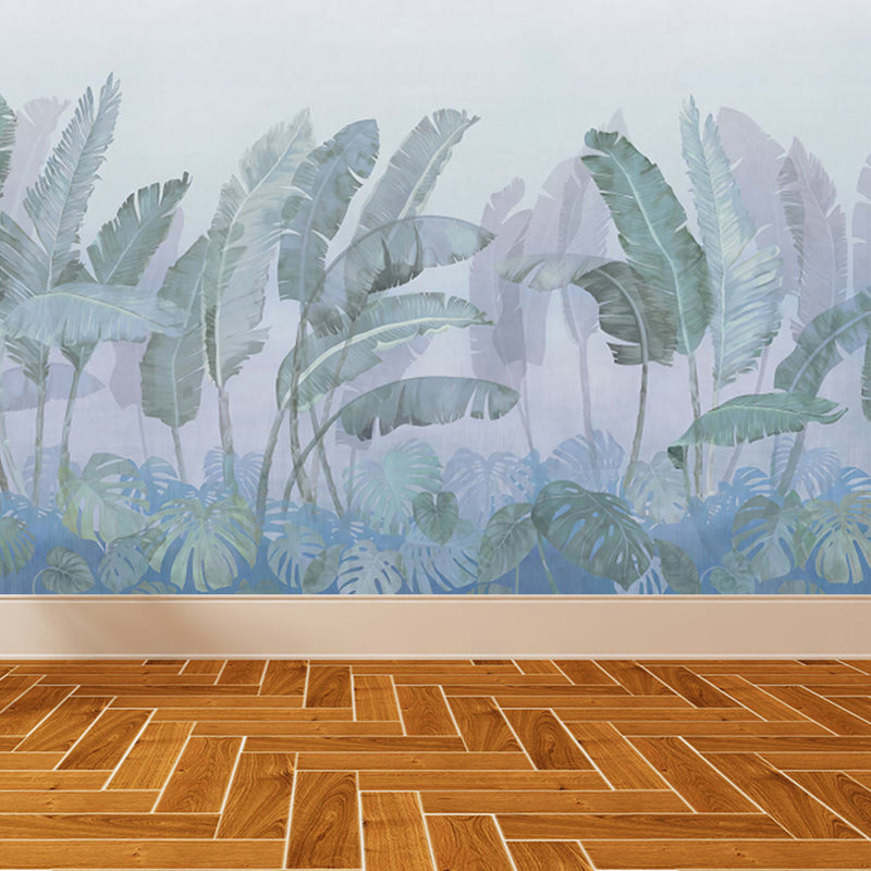 Full Size Banana Leaves Mural Wallpaper Tropical Foggy Landscape Wall Art in Green