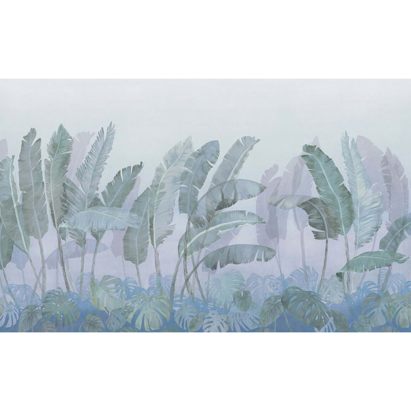 Full Size Banana Leaves Mural Wallpaper Tropical Foggy Landscape Wall Art in Green