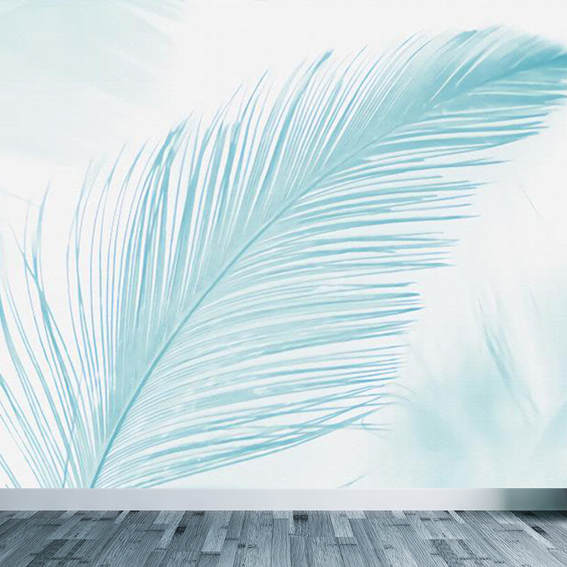 Blue Feather Wall Mural Decal Moisture Resistant Modern Living Room Wall Covering