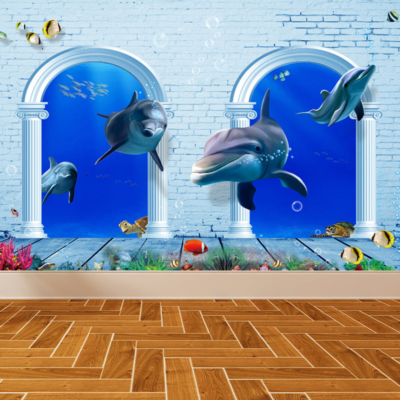 Aquarium Sea Life Mural Wallpaper Kids Style Non-Woven Fabric Wall Covering in Blue