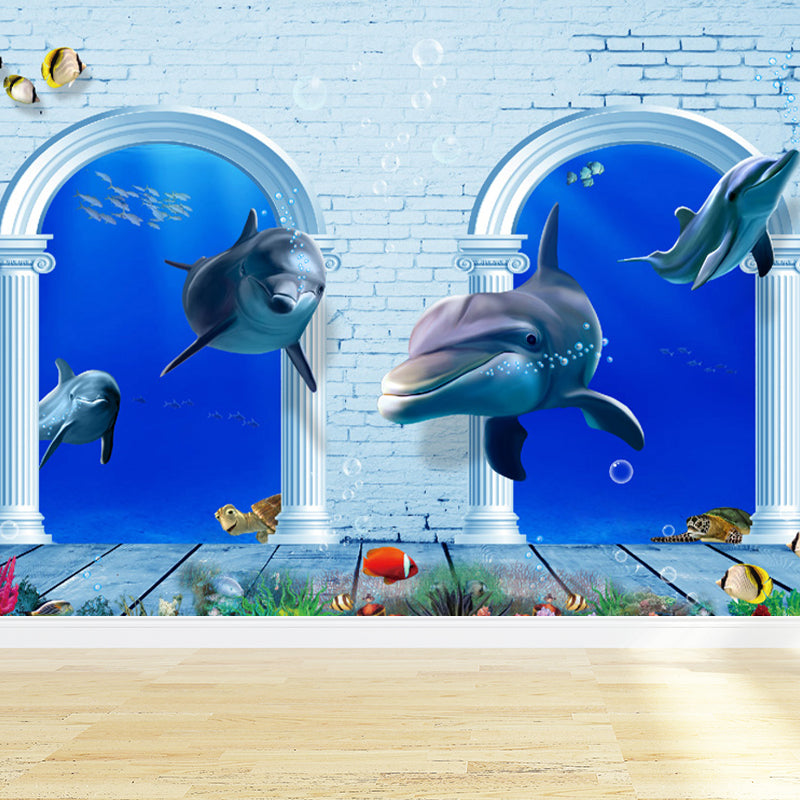 Aquarium Sea Life Mural Wallpaper Kids Style Non-Woven Fabric Wall Covering in Blue