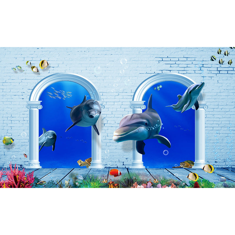 Aquarium Sea Life Mural Wallpaper Kids Style Non-Woven Fabric Wall Covering in Blue