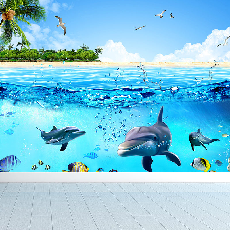 Aquarium Sea Life Mural Wallpaper Kids Style Non-Woven Fabric Wall Covering in Blue