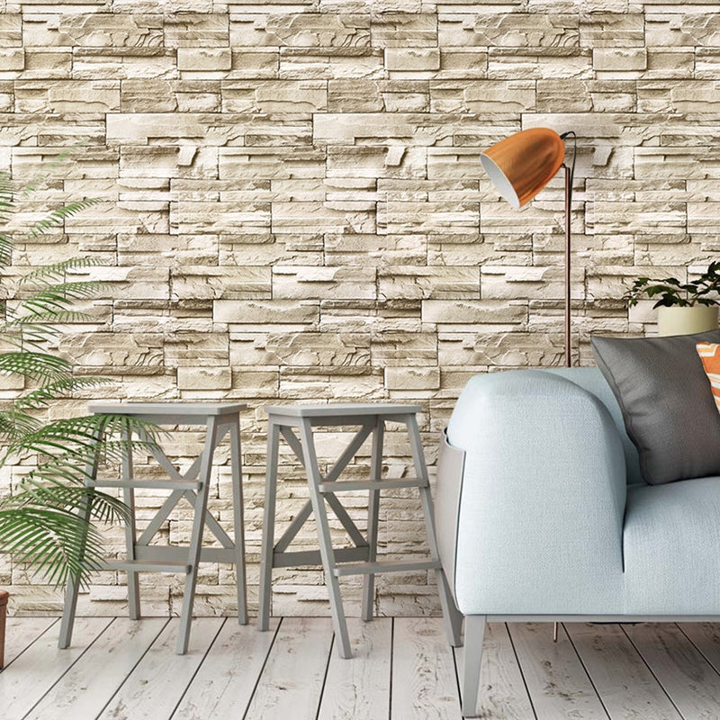 Rustic Brick Rock Wallpaper Roll PVC Self Sticking Light Brown Wall Covering for Bedroom