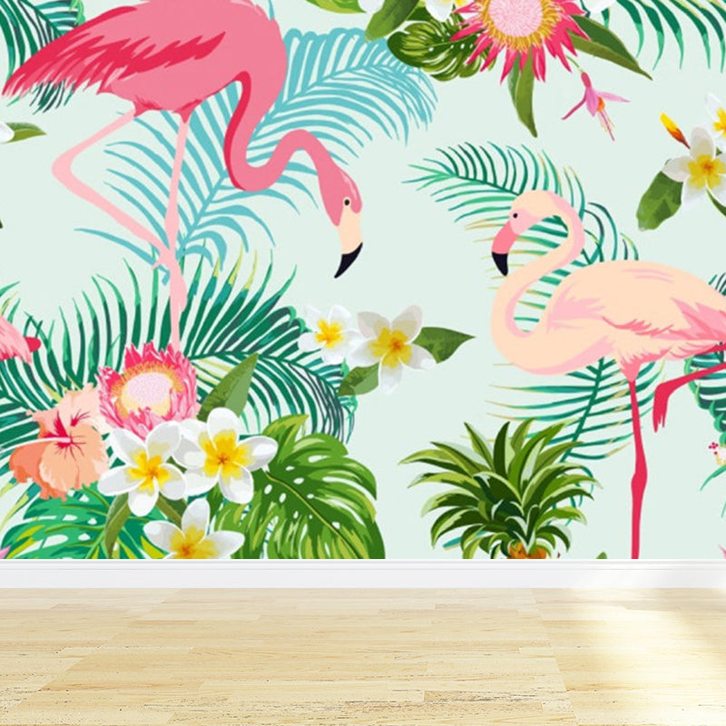 Standing Flamingos Mural Wallpaper for Dining Room, Green, Custom Size Available