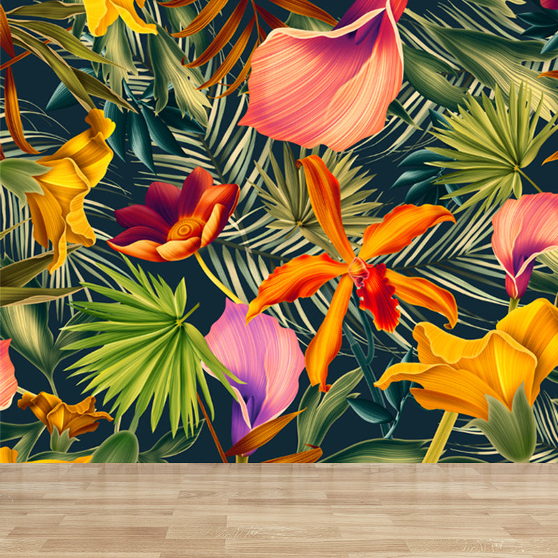 Plant Leaf and Flower Mural Tropical Non-Woven Fabric Wall Art in Green for Living Room