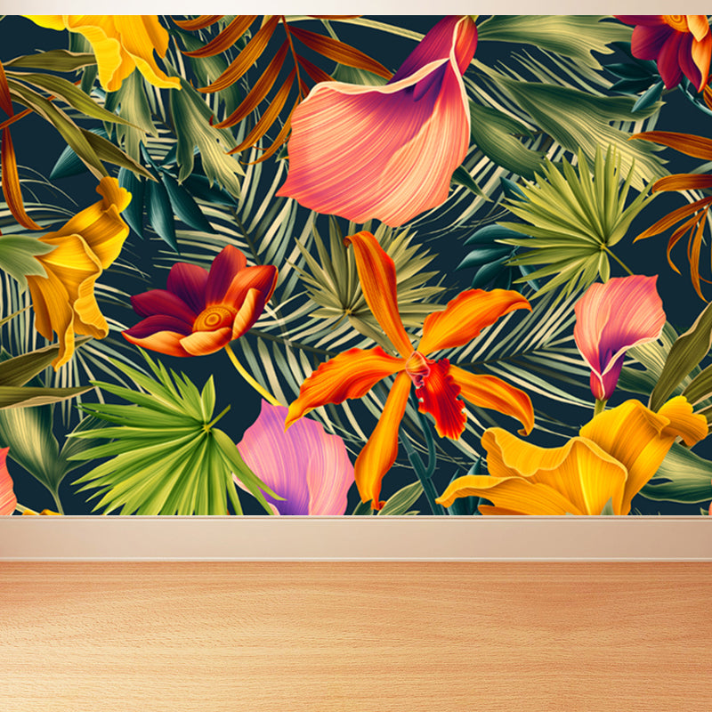 Plant Leaf and Flower Mural Tropical Non-Woven Fabric Wall Art in Green for Living Room