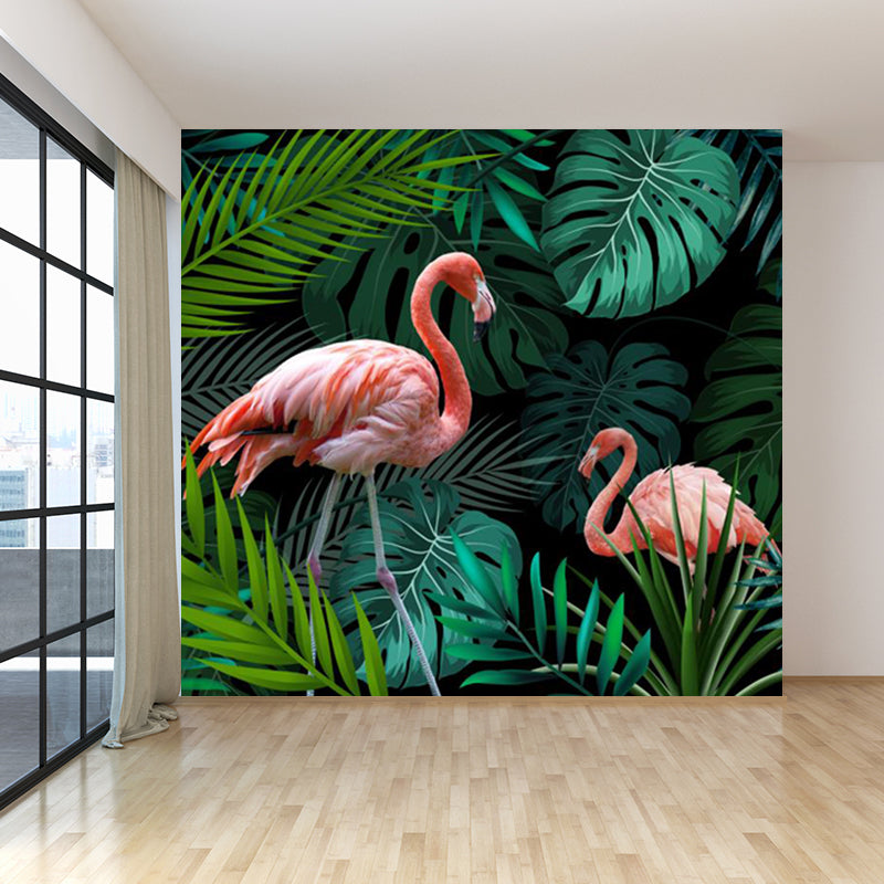 Green Botanics Wallpaper Mural Flamingo Tropical Waterproof Wall Decor for Bedroom