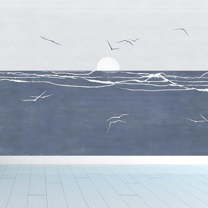 Tropical Ocean Seagulls Scenery Mural Blue Stain Resistant Wall Covering for Bedroom