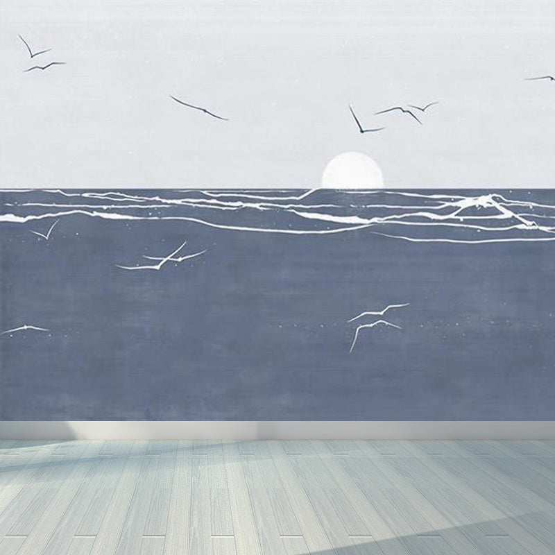Tropical Ocean Seagulls Scenery Mural Blue Stain Resistant Wall Covering for Bedroom