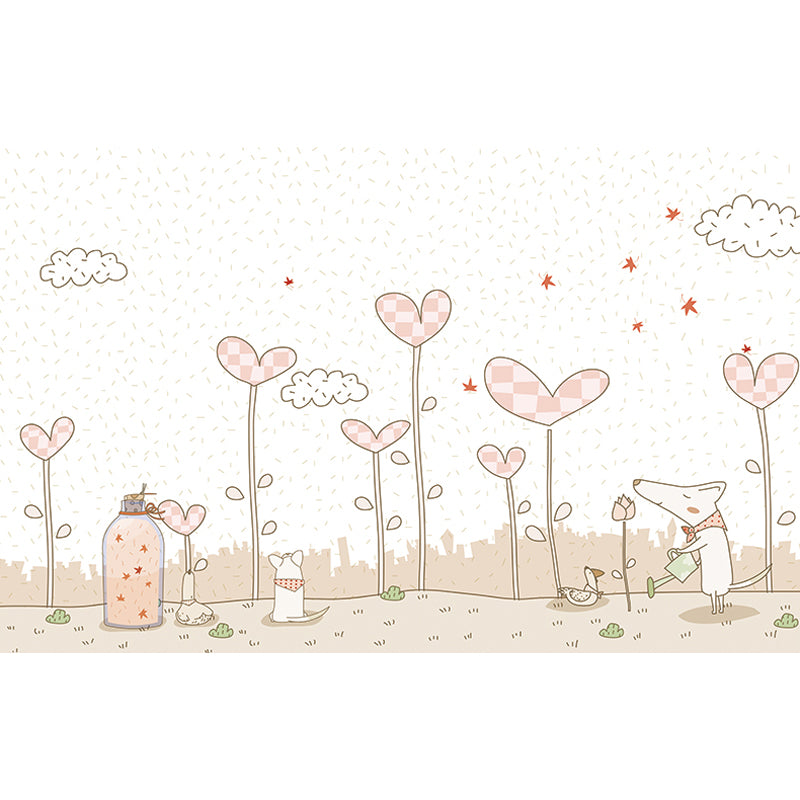 Pink Cartoon Wall Covering Mural Whole Heart-Shaped Plant Wall Art for Kids Bedroom