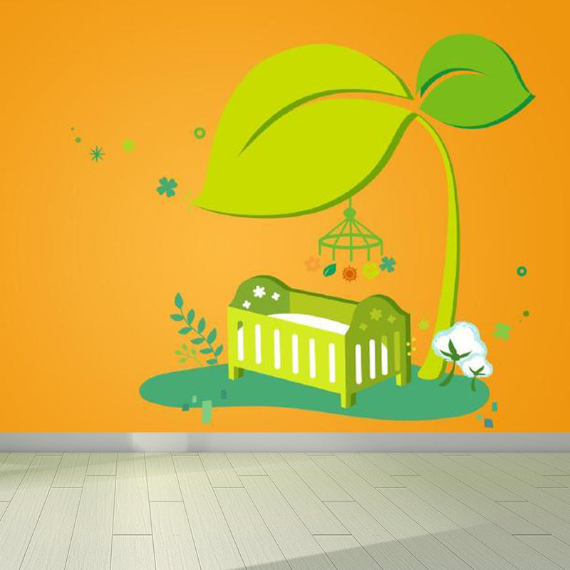 Cartoon Baby Crib Mural Decal for Nursery Customized Wall Covering in Green on Orange