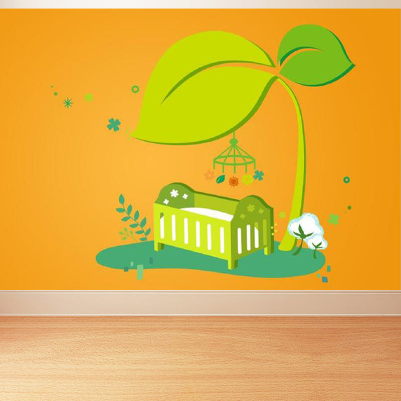 Cartoon Baby Crib Mural Decal for Nursery Customized Wall Covering in Green on Orange