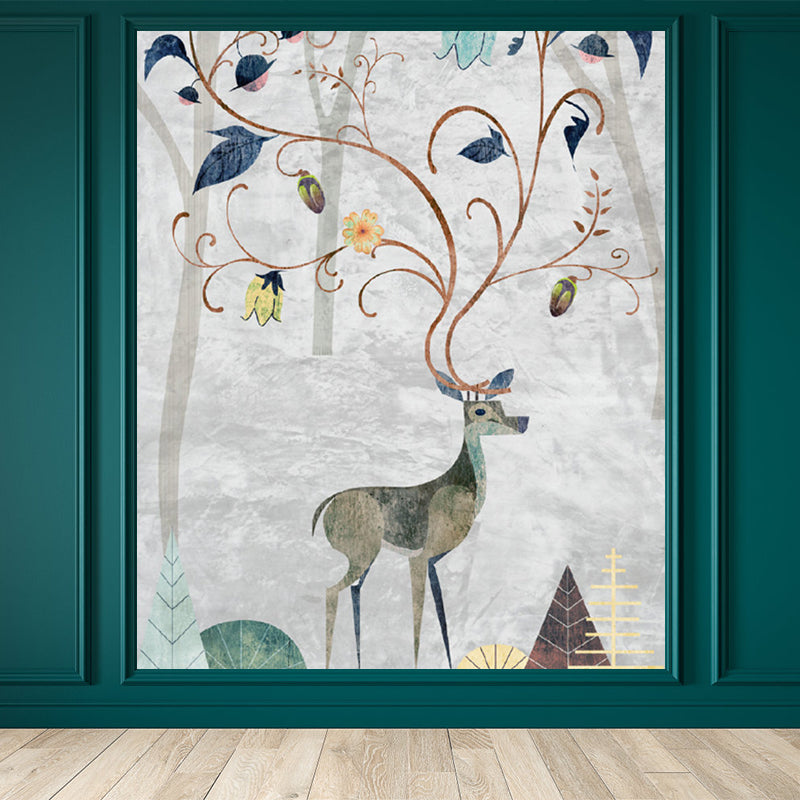 Grey Deer Wall Paper Mural Moisture Resistant Cartoon Kids Bedroom Wall Covering