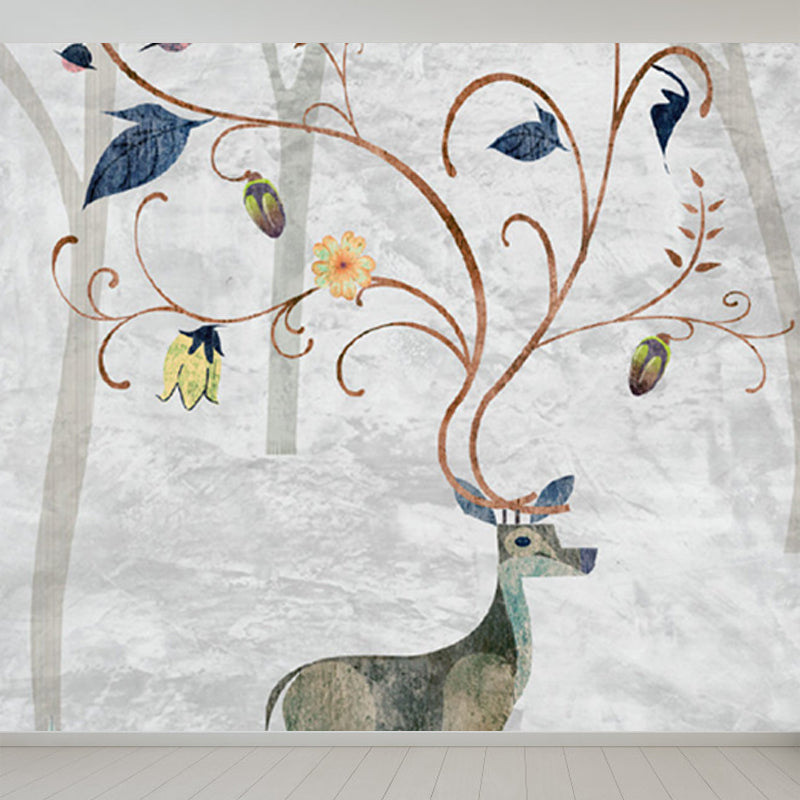 Grey Deer Wall Paper Mural Moisture Resistant Cartoon Kids Bedroom Wall Covering