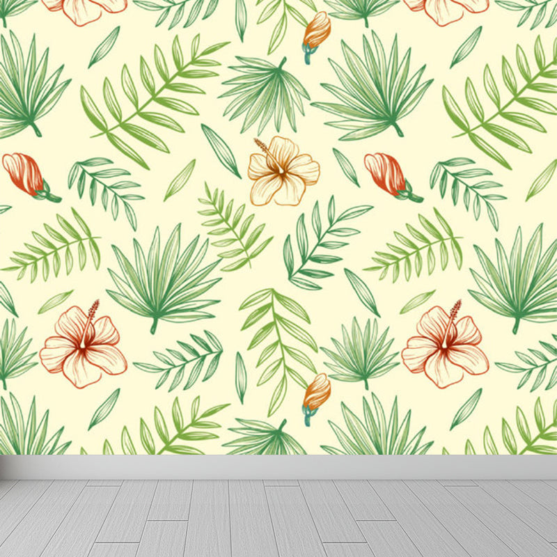 Green Flowers and Leaves Mural Wallpaper Moisture-Proof Wall Art for Dining Room