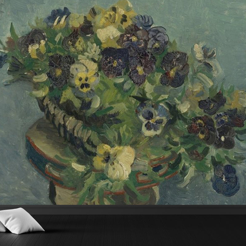 Modern Flower Potting Mural Wallpaper Green Dining Room Wall Covering, Personalized