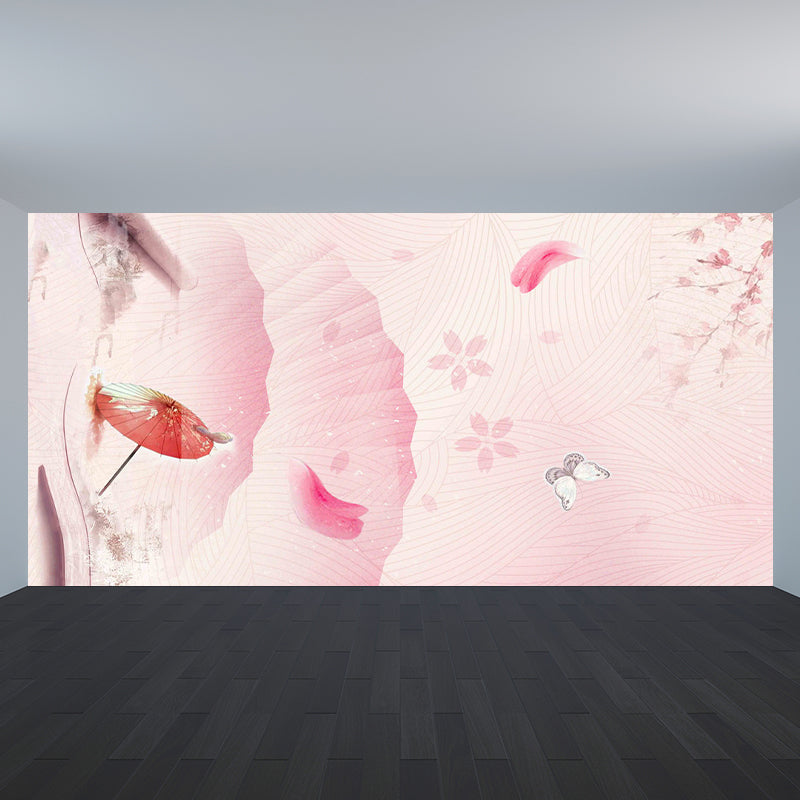 Modern Flowers Branch Mural Decal Pink Decorative Wall Covering for Girls Bedroom