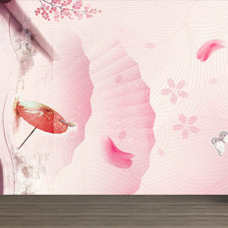 Modern Flowers Branch Mural Decal Pink Decorative Wall Covering for Girls Bedroom