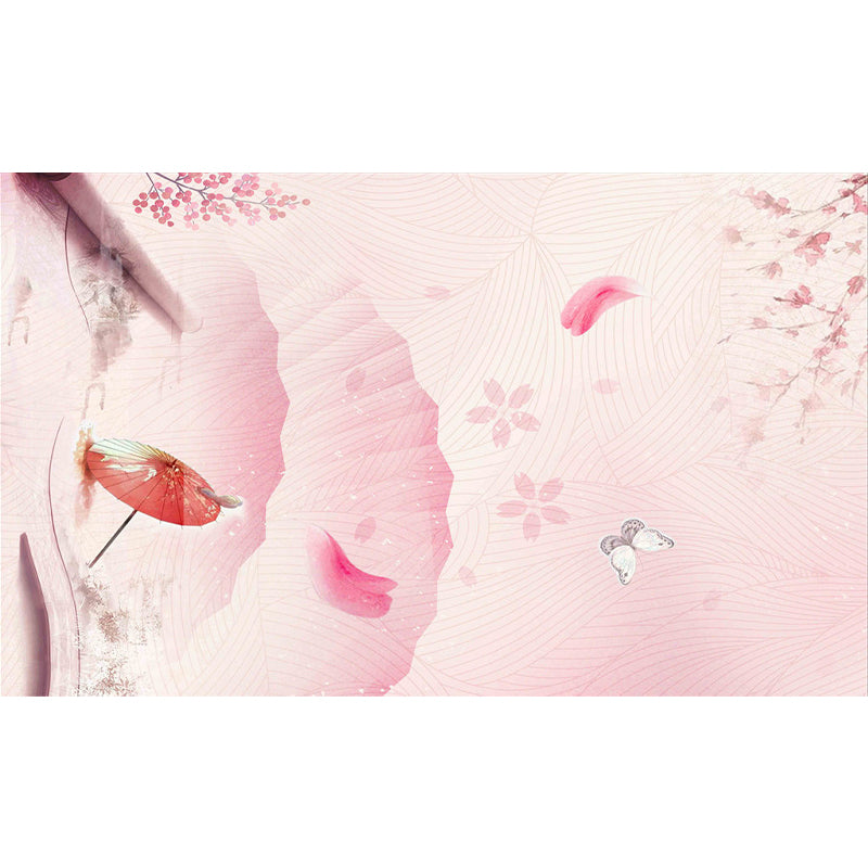 Modern Flowers Branch Mural Decal Pink Decorative Wall Covering for Girls Bedroom